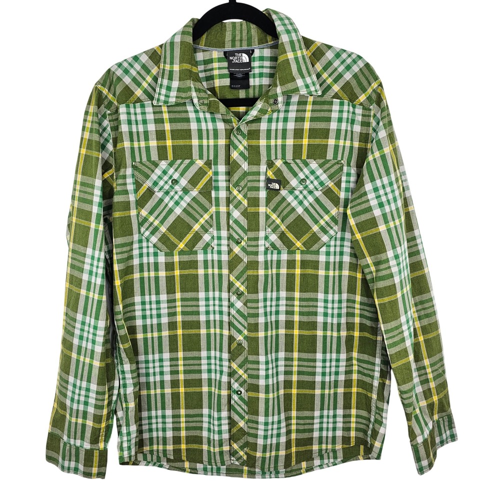 The North Face Mens Plaid Long Sleeve Snap Front Shirt Green White Yellow Medium